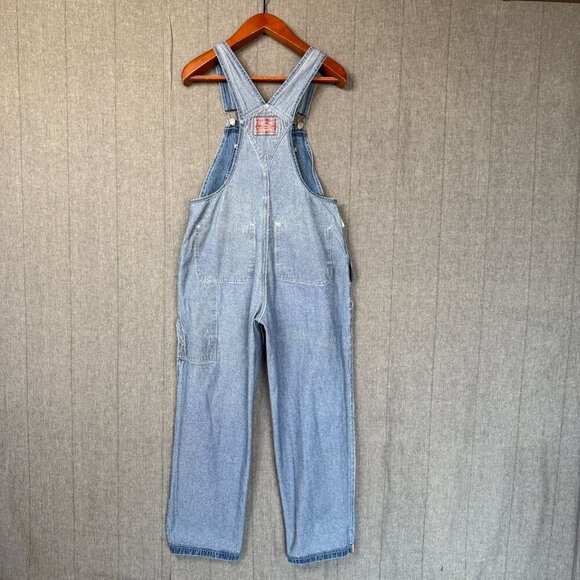 90s Vintage Revolt Blue Denim Rainbow Trim Straight Leg  Utility Overalls Size L - Picture 13 of 16